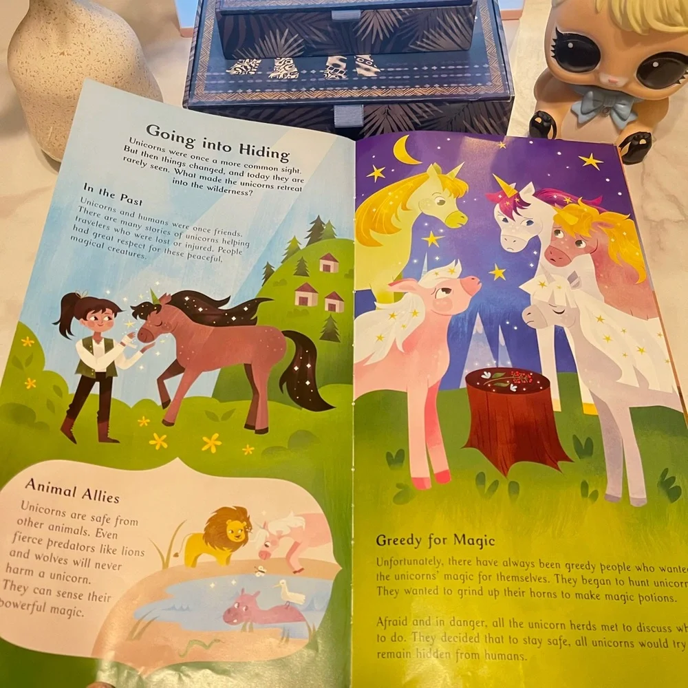 Build the Unicorn Kids Building Set, reading book, and Lear